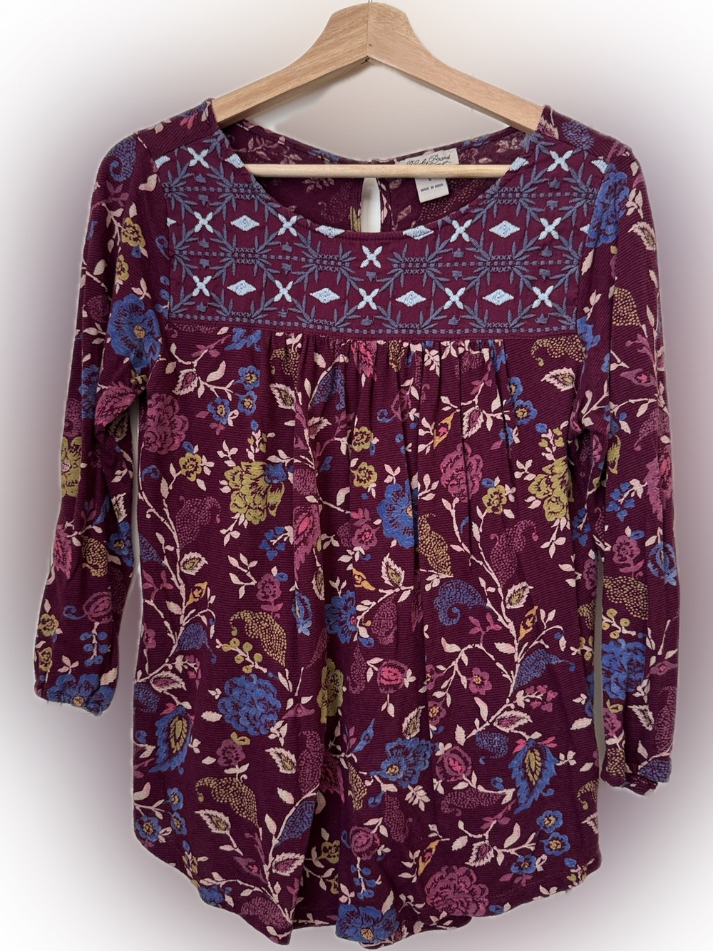 Lucky Brand Burgundy Floral Embroidered Peasant Top